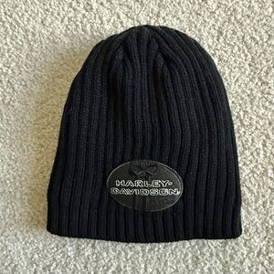 Harley-Davidson Beanie Cap Black Rib Knit Fleece LIned Leather Skull Embroidery